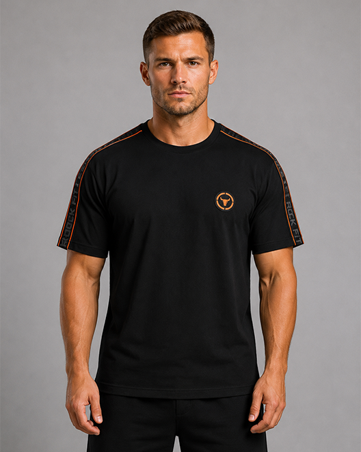 Athletic Tape Sleeve T-Shirt – Black Orange